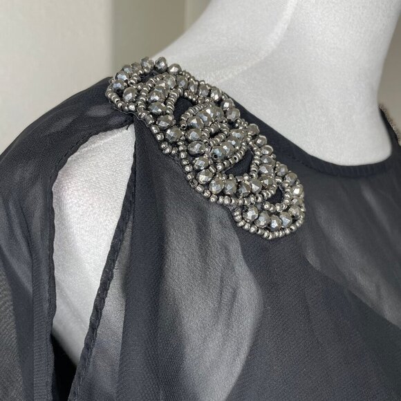 Xscape Women's Beaded Shoulder Slit Sleeve Chiffon Pleated Cocktail Mini Sz 8 - Picture 4 of 6